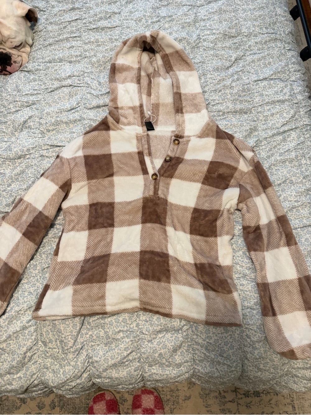 Cozy Hooded Pullover Jacket - Cream & Brown Plaid